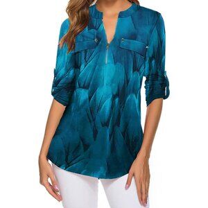 Women's V Neck Zip Cuffed Sleeve Flowy Work Tunic Tops Shirts Blouse Z Blue